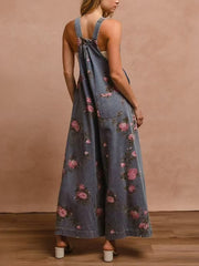 Print Pocket Casual Denim Overalls