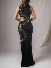 Hollow Snake Shaped Rhinestone Split Hip Dress