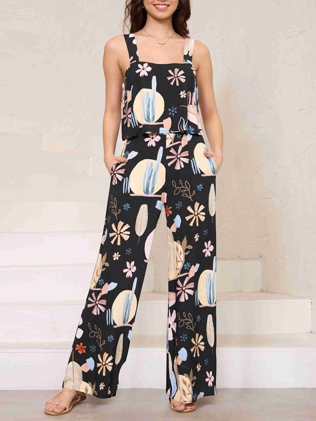 Fashion Suspenders Print Wide-leg Jumpsuit