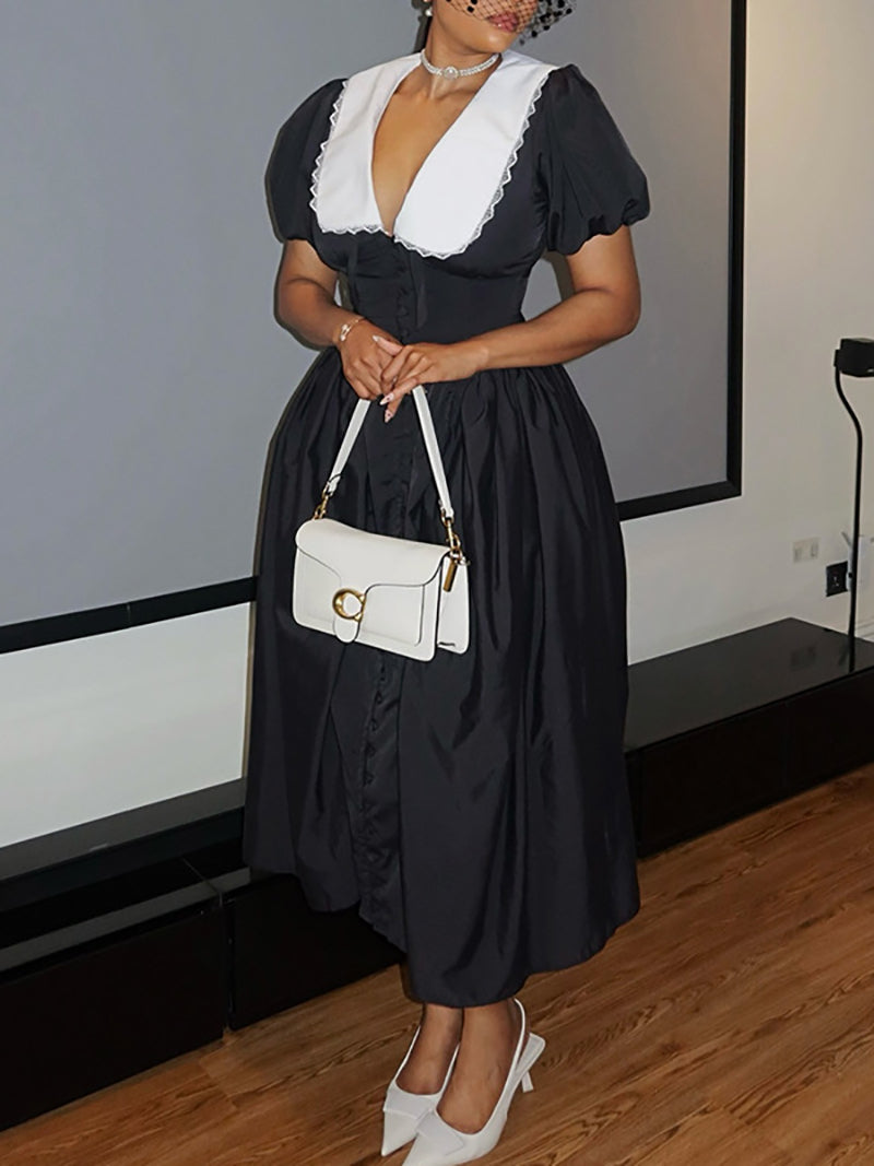 Fashion Doll Collar Puff Sleeve Midi Dress
