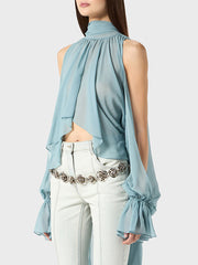 Casual High Neck Solid Slim Sheer Blouses