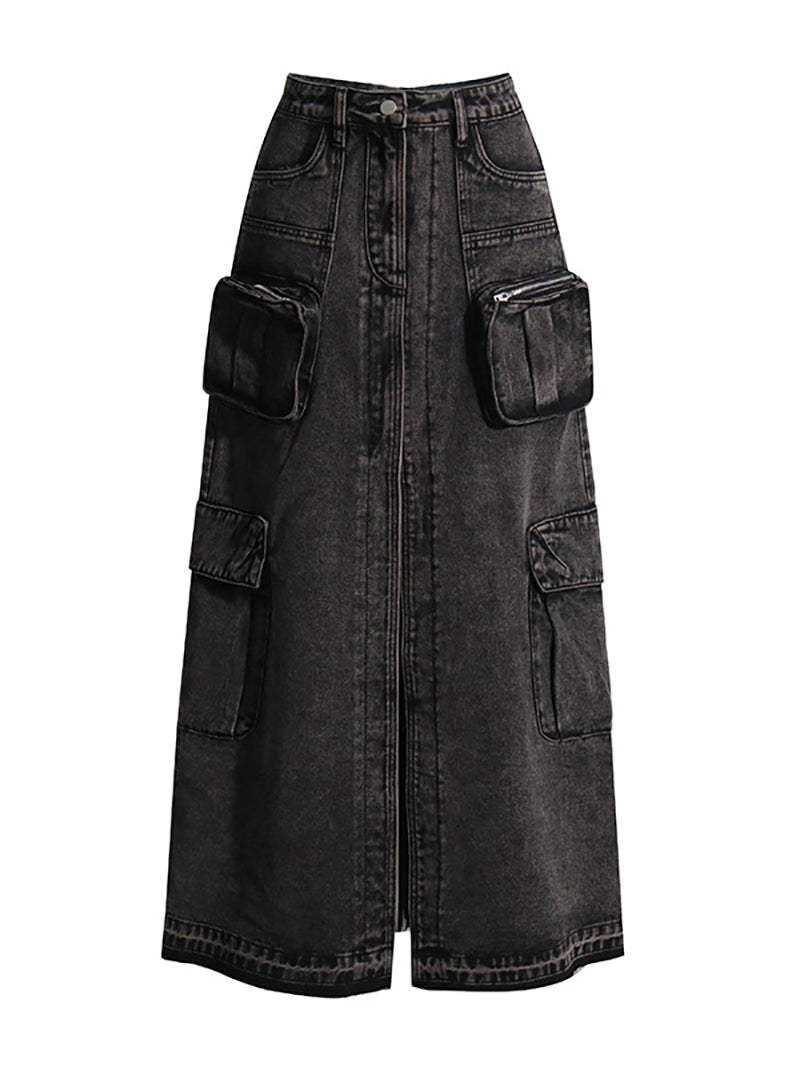 Casual High Waist Denim Cargo Skirt