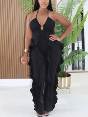 Halter V Neck Ruffle Wide Leg Jumpsuit