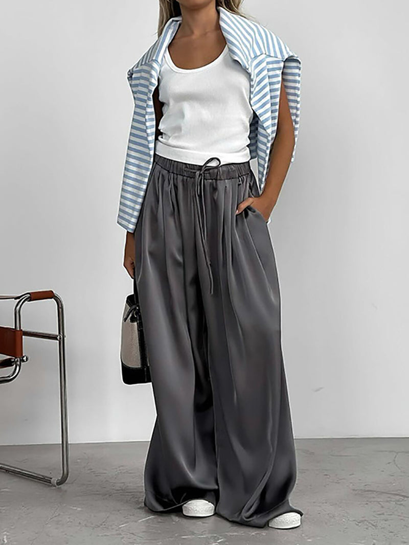 High Rise Plain Satin Loose-Fit Wide-Leg Pants