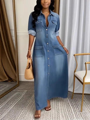 Washed Denim Patchwork Shirt Dress