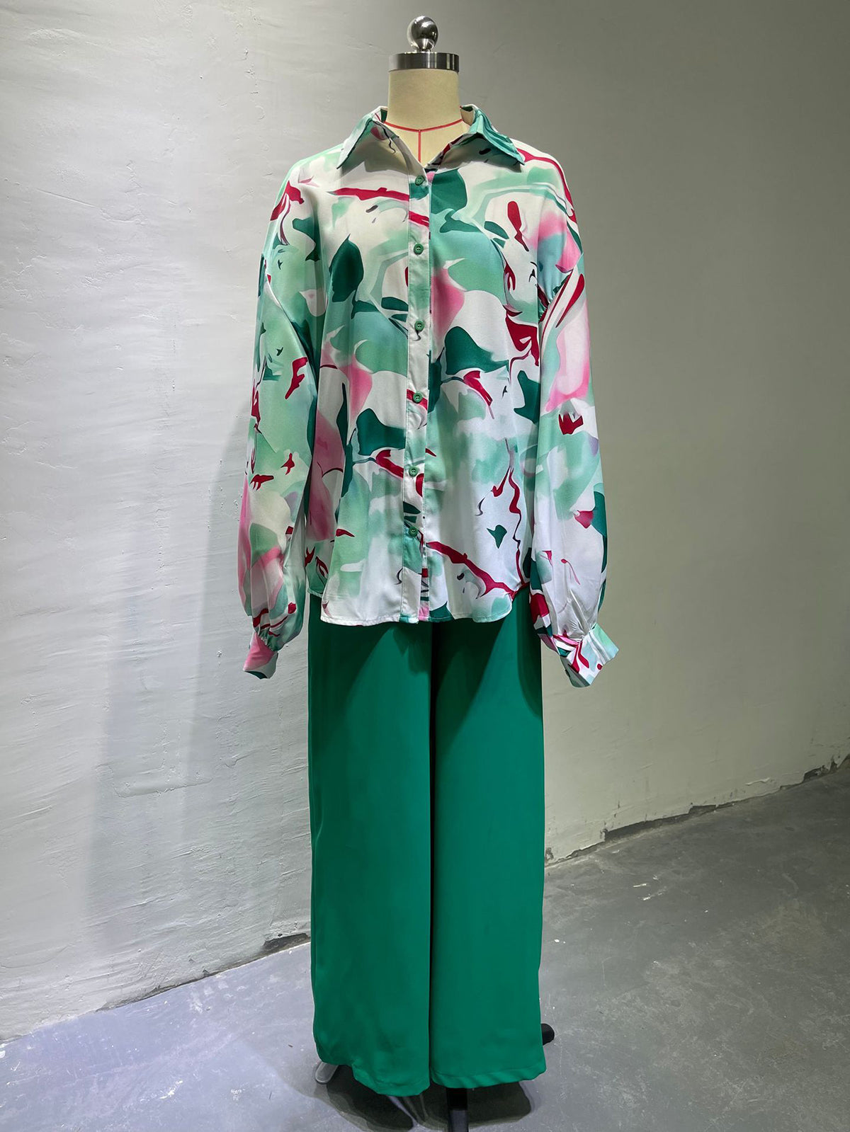 Long Sleeve Print Shirt and Wide Leg Pants Two Piece