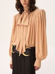 Casual Ruched Tie Neck Blouse