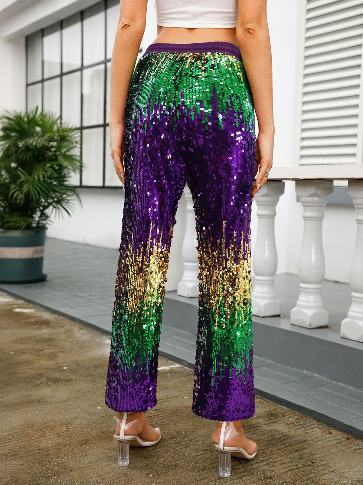 Casual Glitter Bling Sequins Drawstring Waist Pants
