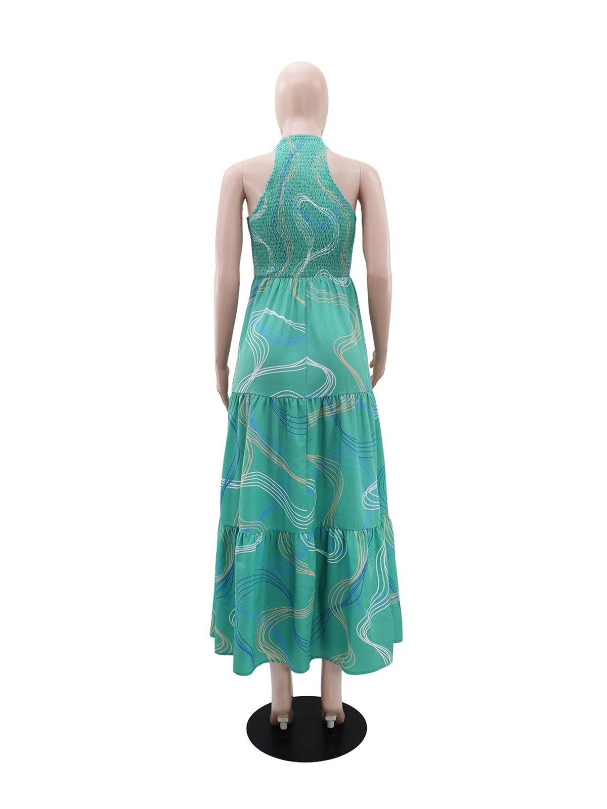 Elegant Print Halter Sleeveless Ruffle Hem Maxi Dress
