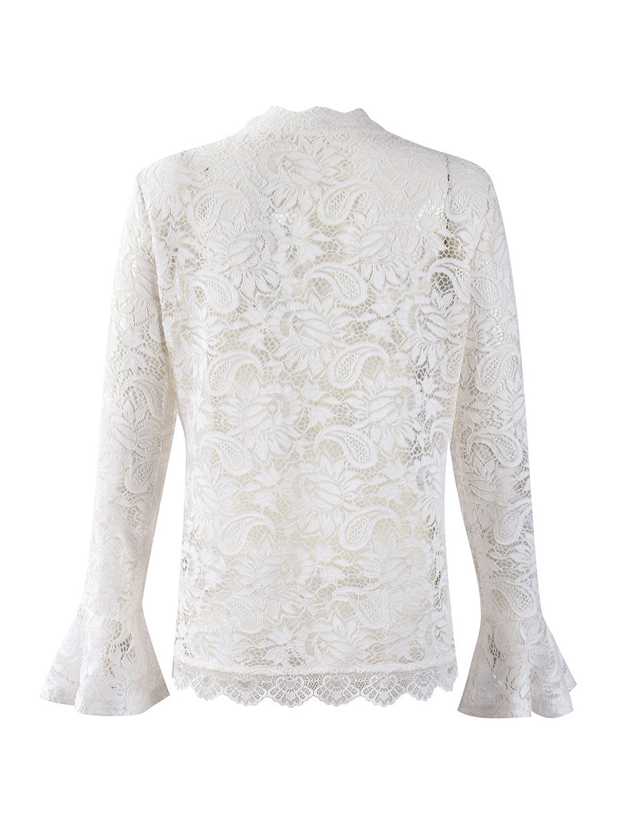Casual Flare Sleeve Ruffle Trim Sheer Lace Jacket