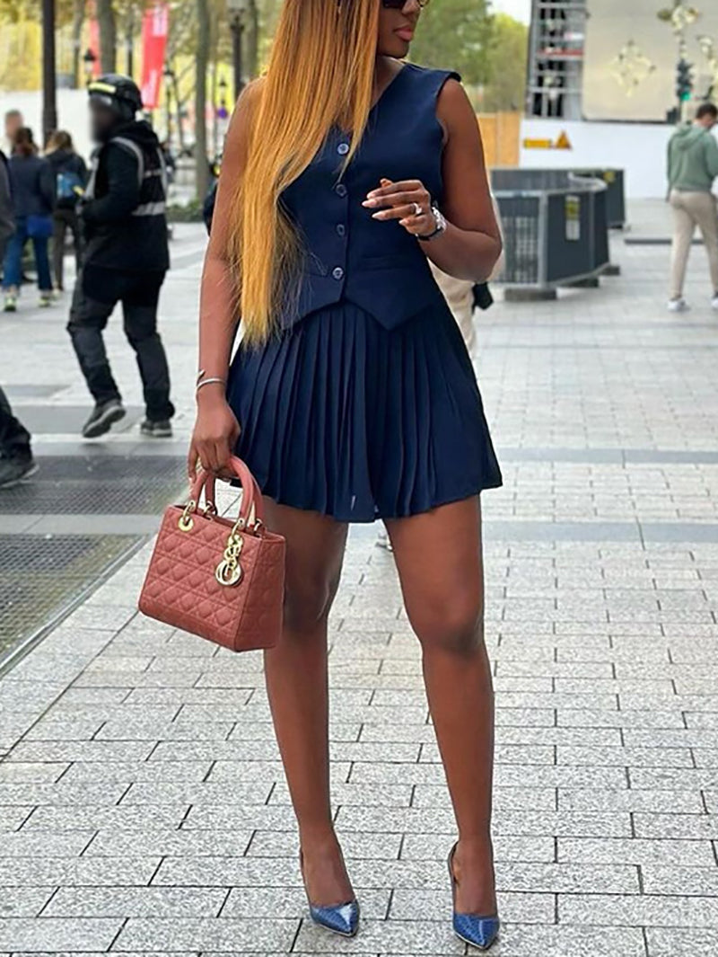 Vest Top and Pleated Mini Skirt Denim Sets