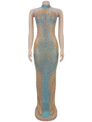 Sexy Mesh Sheer Rhinestones Sleeveless Maxi Dress