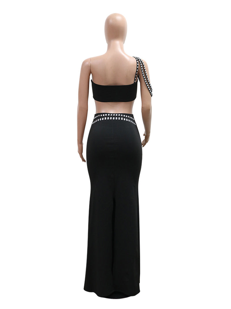 Rhinestone Wrapped Chest Maxi Skirt Evening Sets