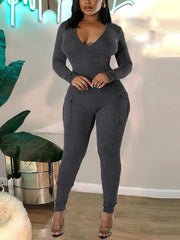 Sexy V Neck Elastic Tight Jumpsuit