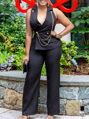 Elegant Lapel Sleeveless Chain Embellished Jumpsuit