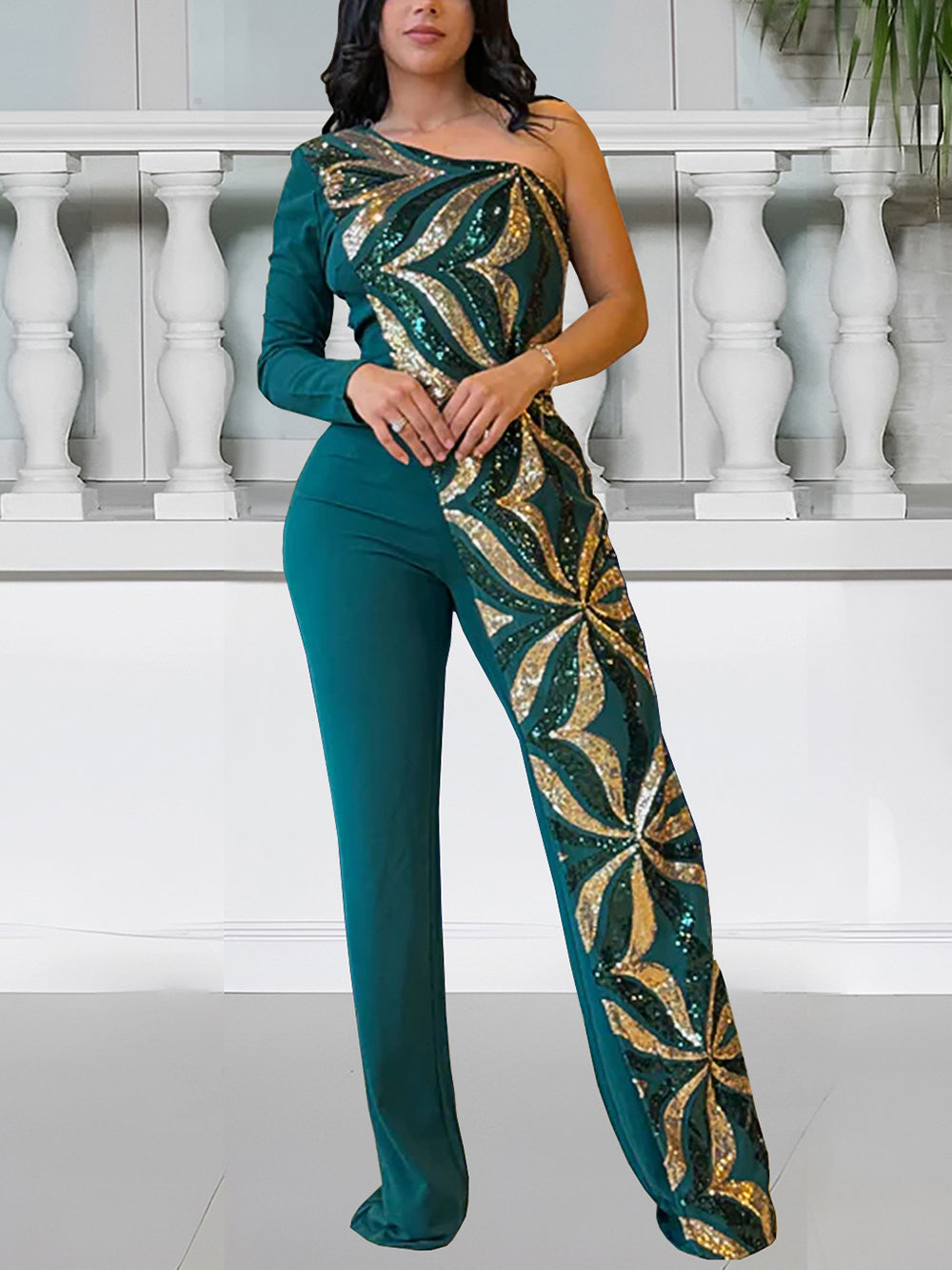Elegant One Shoulder Sequin Slim Jumpsuit