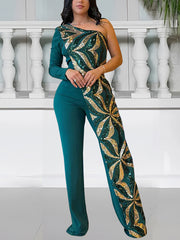Elegant One Shoulder Sequin Slim Jumpsuit
