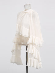 Fashion Sheer Mesh Ruffle Turtleneck Blouse