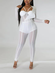 Sexy Mesh Patchwork Sheer Night Club Bodycon Jumpsuit