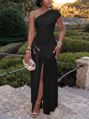Elegant One-Shoulder Ruched Slit Maxi Dress