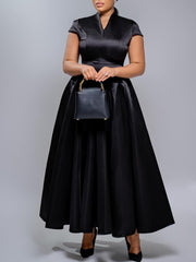 Glossy V Neck Short Sleeve Maxi Dress