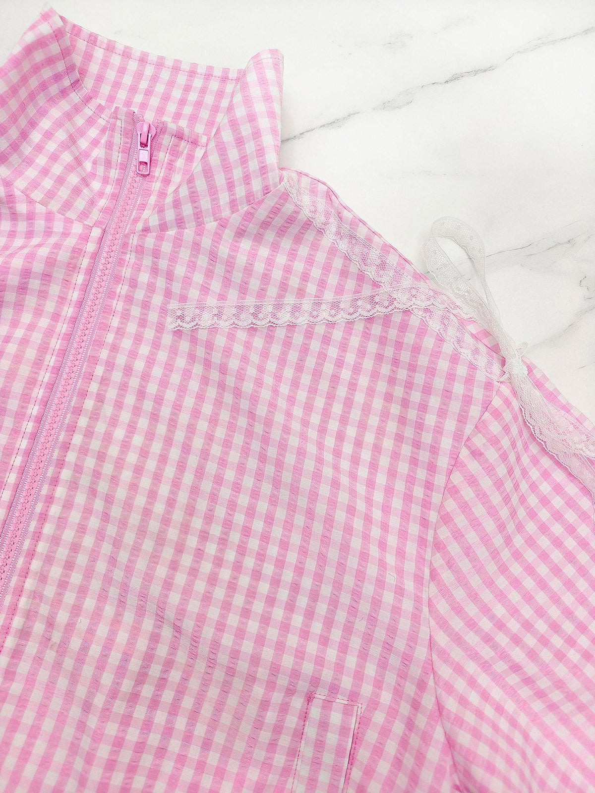 Casual Lace Bow Embellishment Plaid Zip Shirt Top