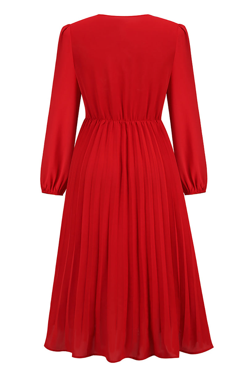 Casual Long Sleeve V-neck Slim Pleated Dress