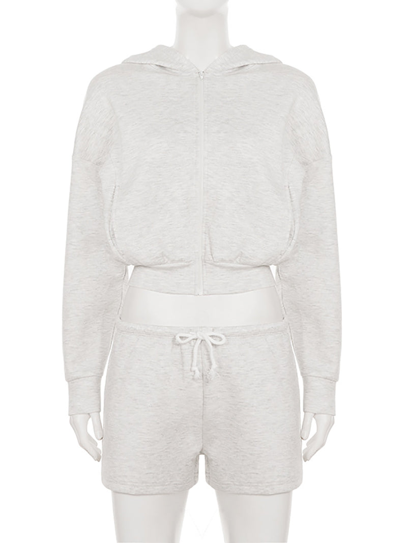 Zipper Hooded Crop Top Shorts Sweatsuits Sets