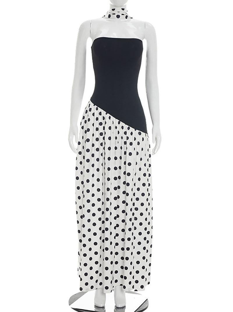 Fashion Patchwork Polka Dot High Slit Maxi Dress