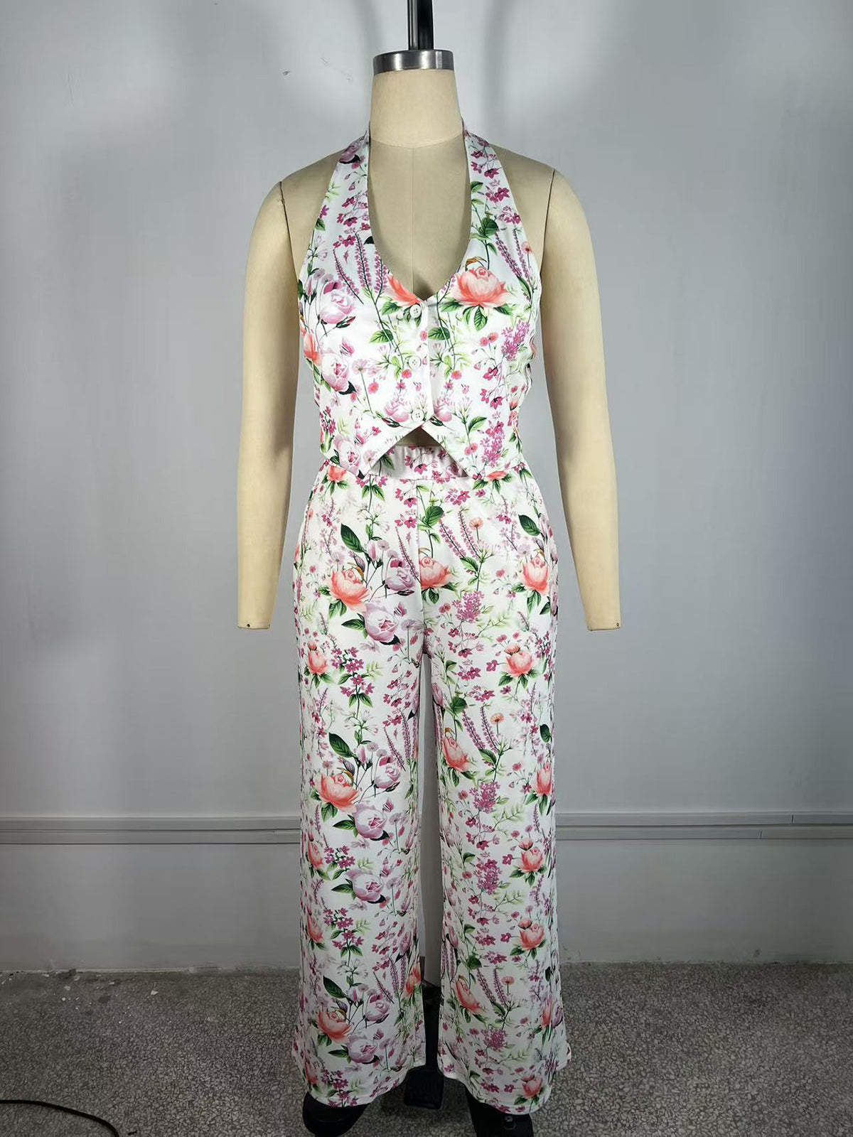 Casual Print Halter Crop Top And Wide Leg Pants Sets