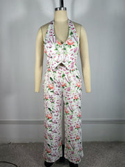 Casual Print Halter Crop Top And Wide Leg Pants Sets