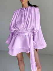 Elegant Round Neck Lace-up Ruffles Short Dress