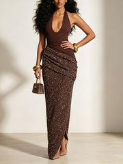 Sequin Halter Backless Evening Dress-boutique
