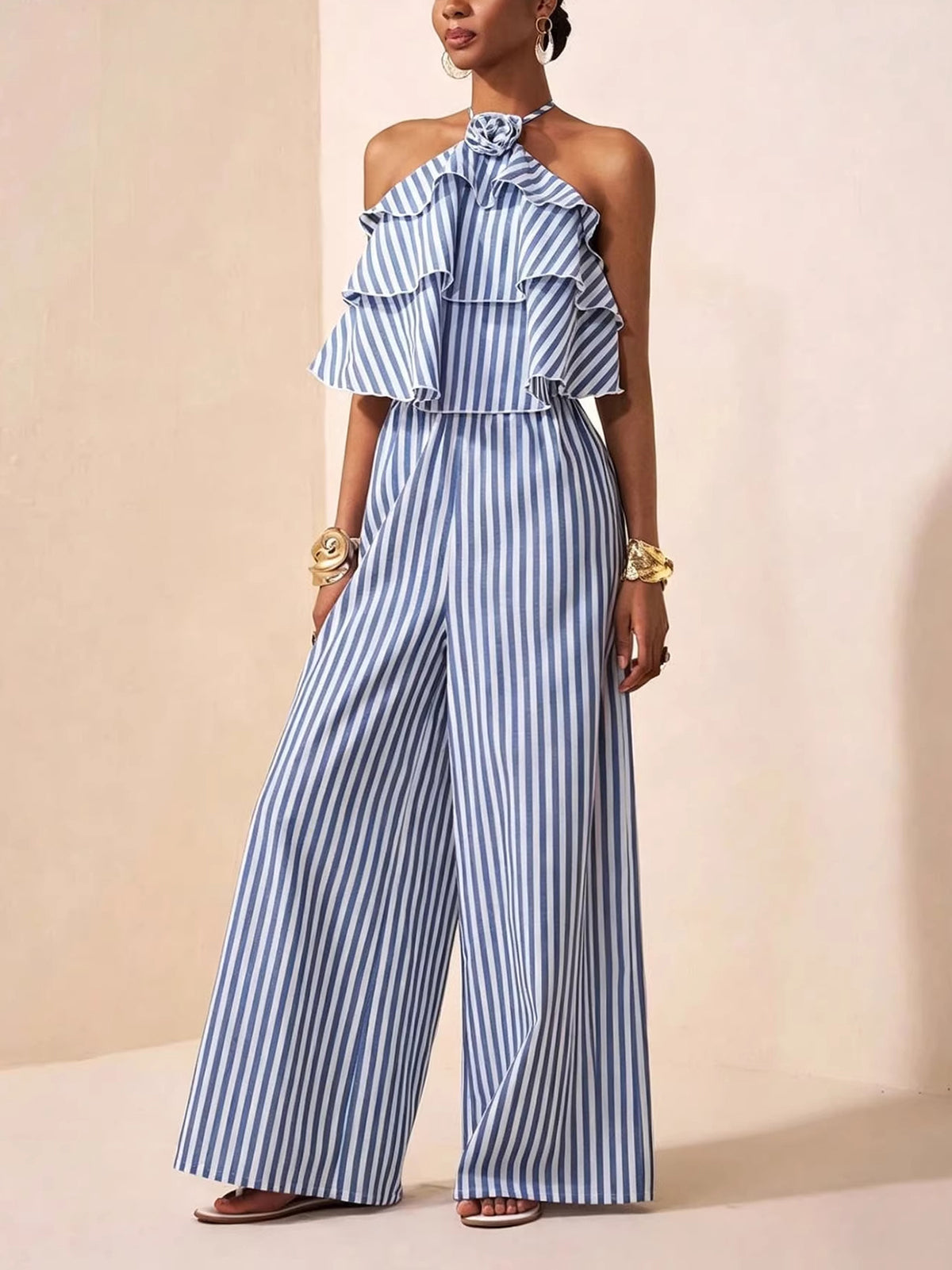 Fashion Striped Halter Backless Wide Leg Jumpsuits