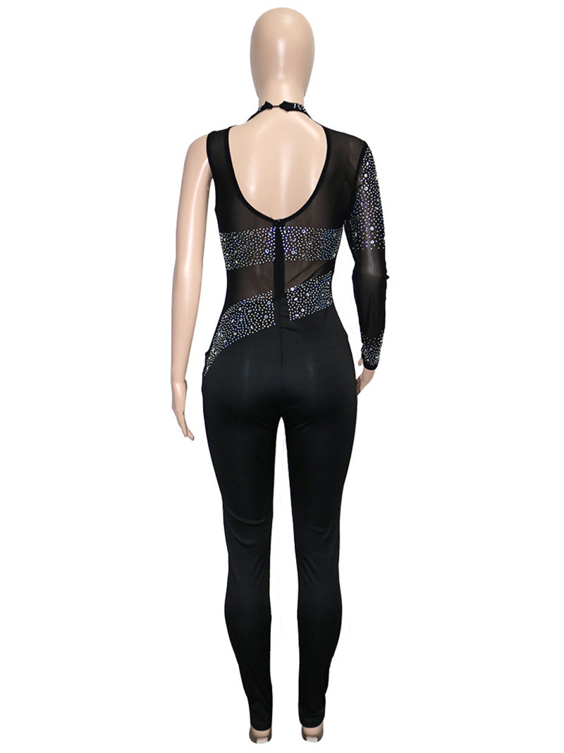 Sexy See through Mesh Rhinestone Bodycon Jumpsuit