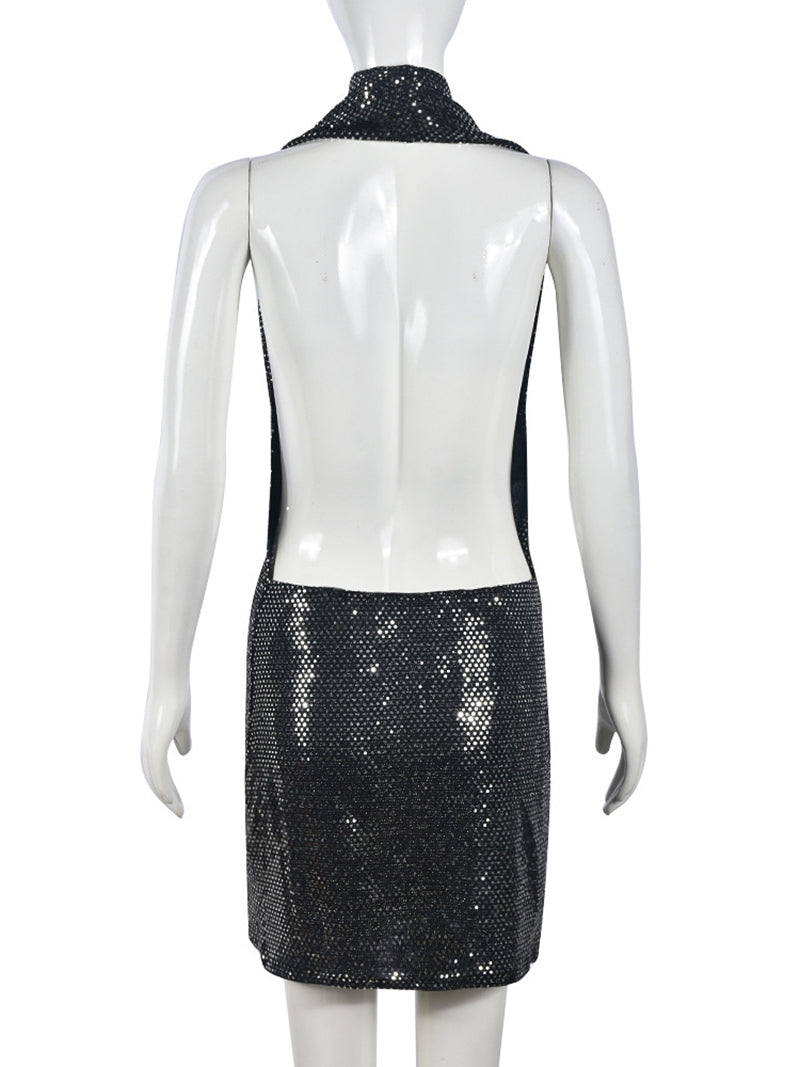 Nightclub Style Sequins Hooded Backless Mini Dress