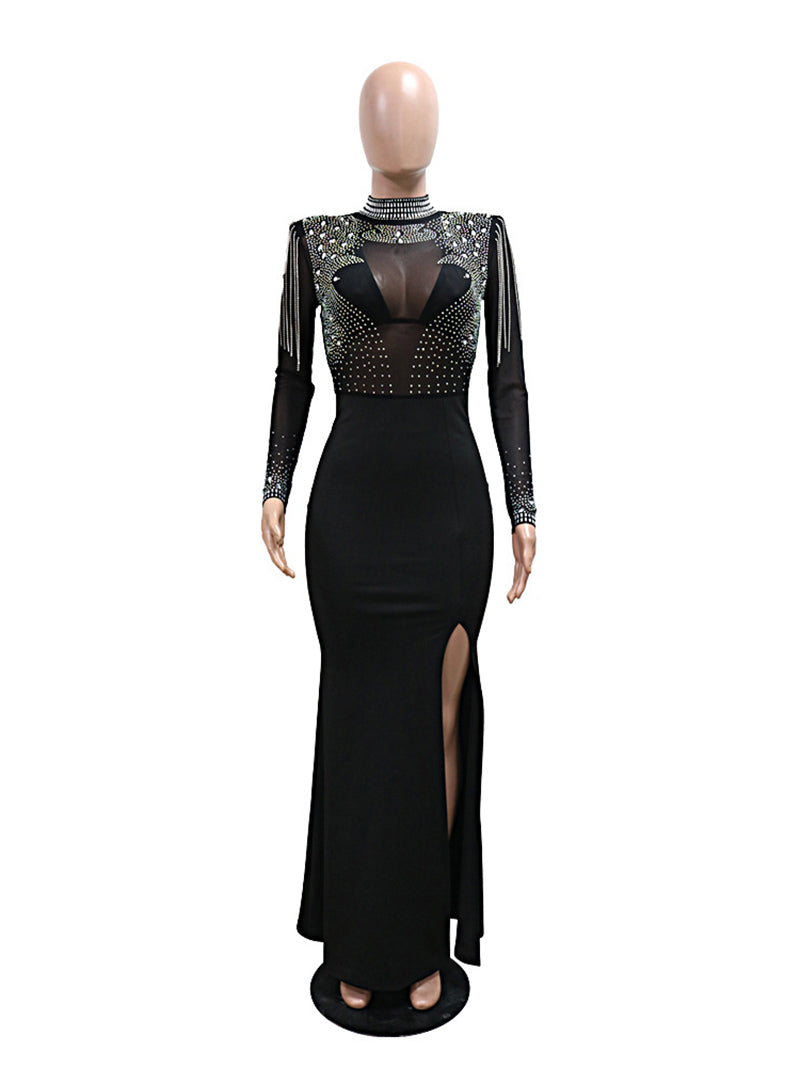 Fringe Hotfix Rhinestones Sheer Long Sleeve Maxi Dress