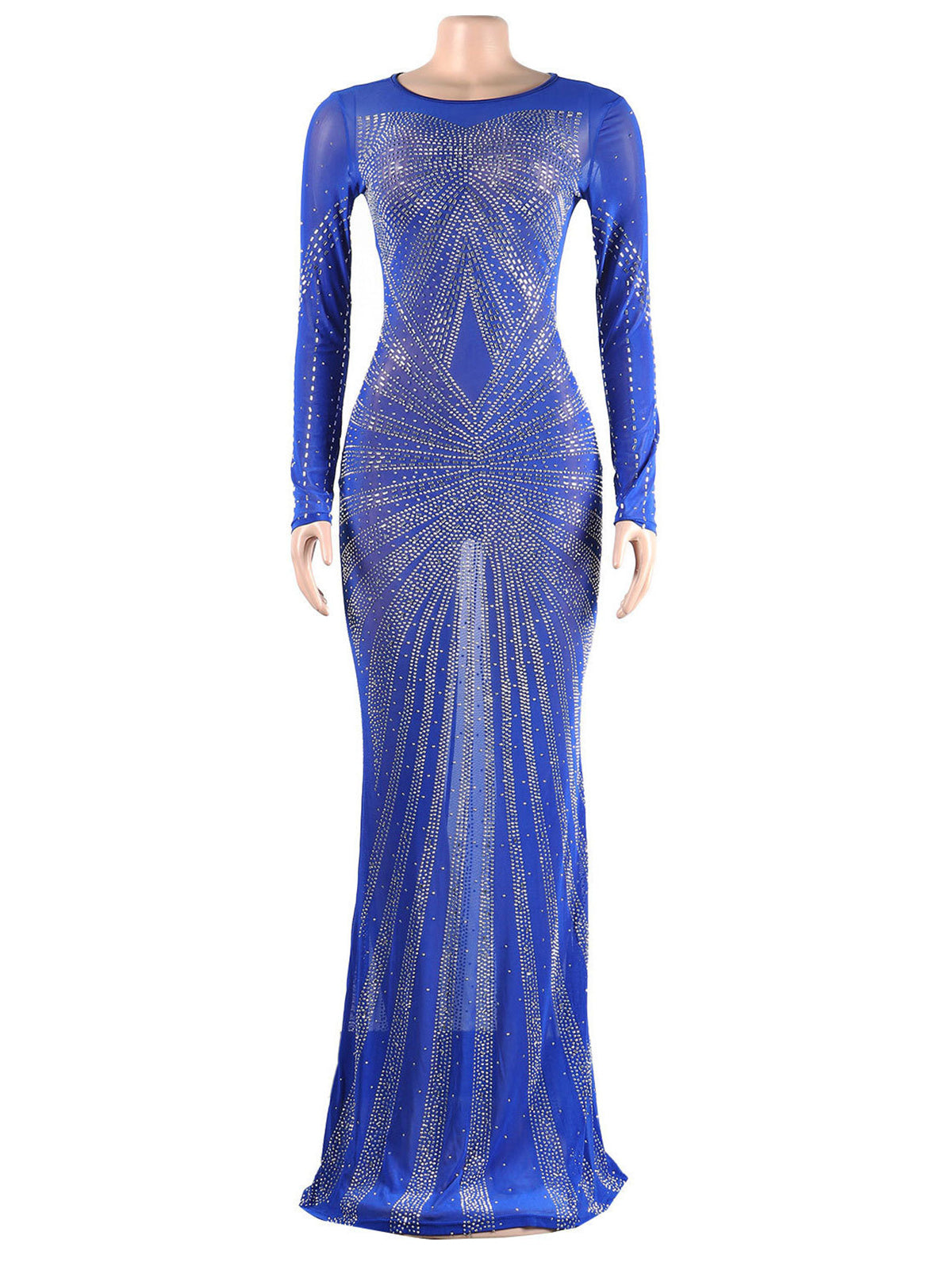 Rhinestone Sheer Mesh Patchwork Slim Maxi Dress