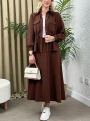 Solid Color Shirt Long Skirt Casual Set