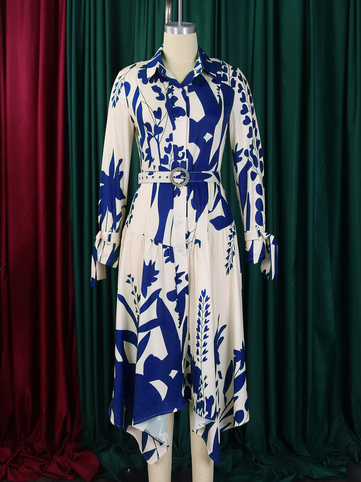 Fashion Lapel Print Cinched Waist Irregularity Dress