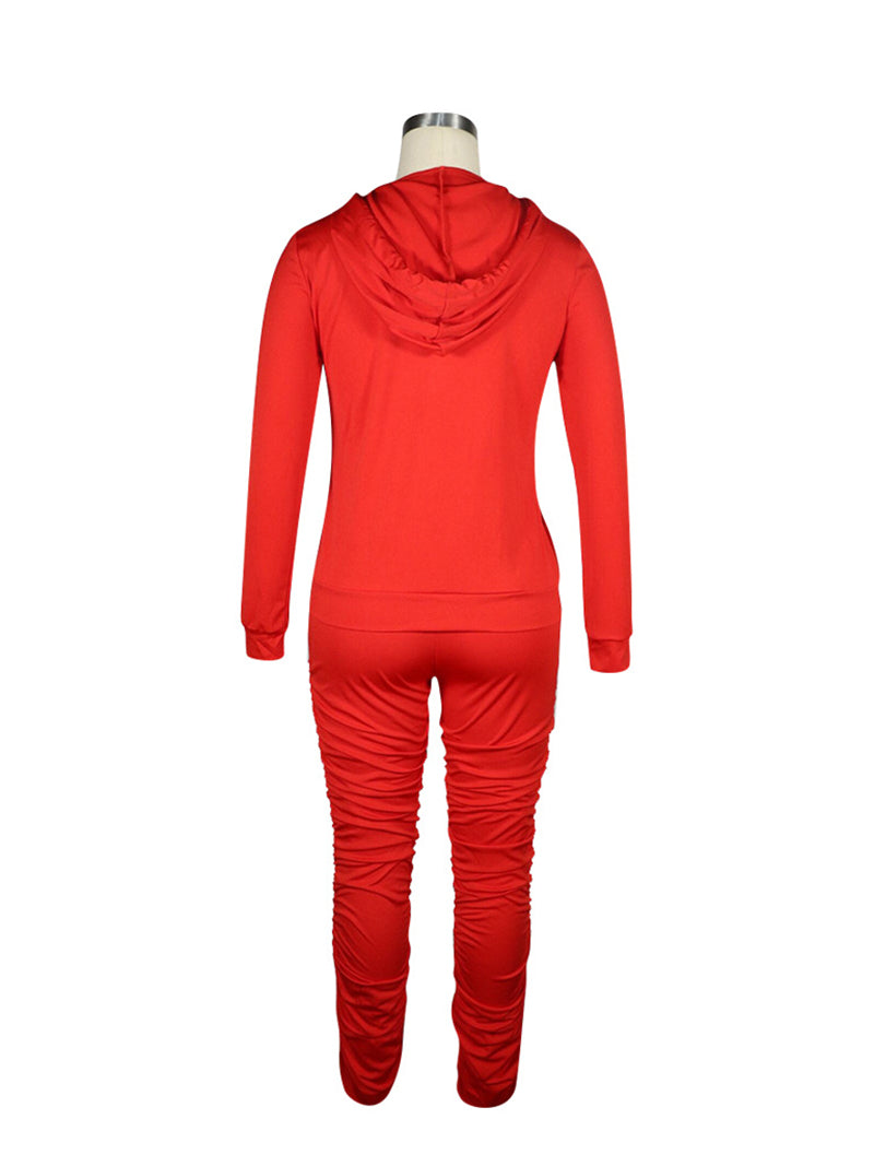 Hooded And Pleated Running Pants 2 Piece Tracksuit Set