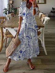 V Neck Print Casual Midi Dress