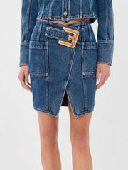 Gold Buckle Slit Denim Mini Skirt