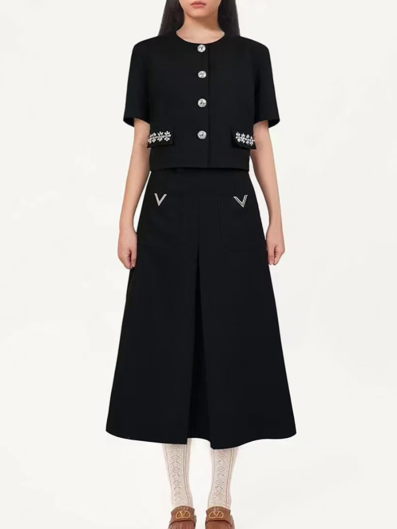 Elegant Rhinestone Round Neck Top High Waist Skirt Sets