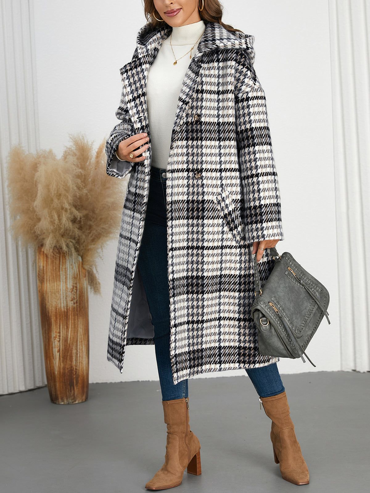 Wool Blend Plaid Lapel Double Breasted Coat