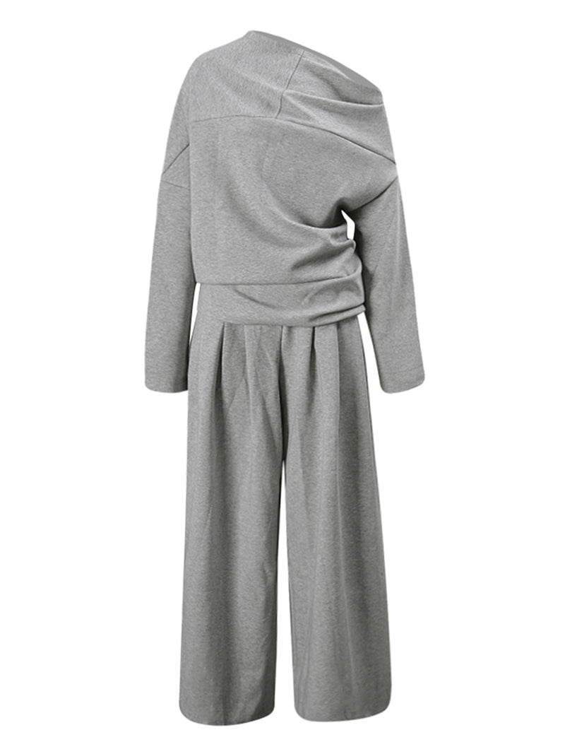 Fashion Off Shoulder Shirt Ruched Wide Leg Trousers Set