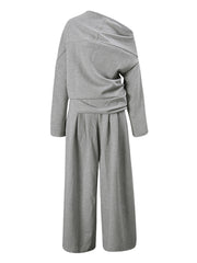 Fashion Off Shoulder Shirt Ruched Wide Leg Trousers Set