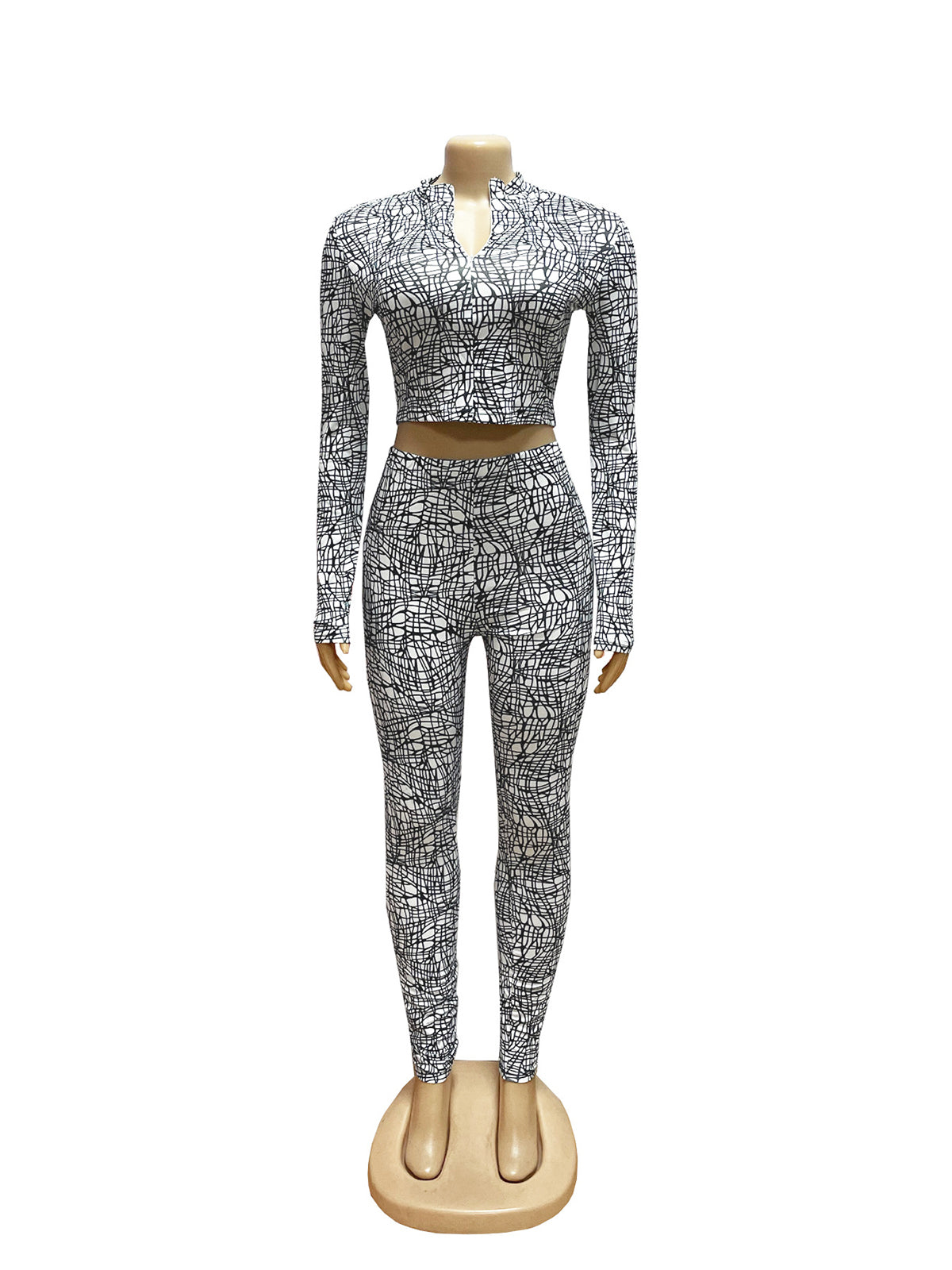 Print Zipper Crop Top Skinny Pant Sexy Clubwear Two Piece Set