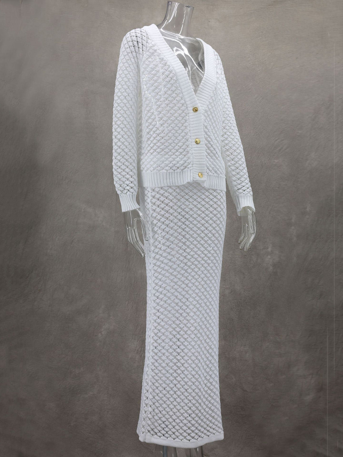 Elegant Slim Knit Hollow Out Cardigan Long Skirts Sets