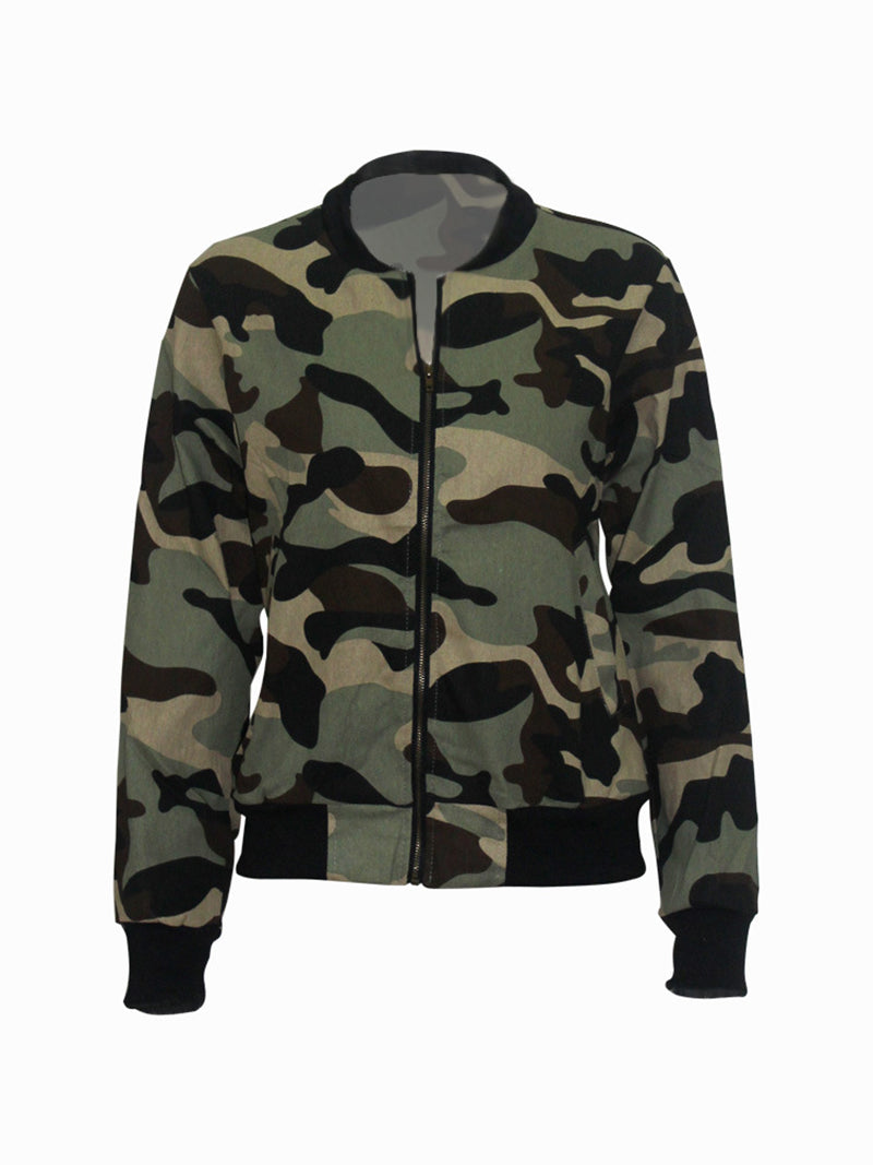 Camo Print Jacket Casual Zip Long Sleeve Coats